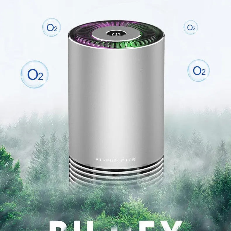 Aluminium alloy car air purifier measuring 65x150mm with 300W negative ion technology for 10m2 vehicle cabins