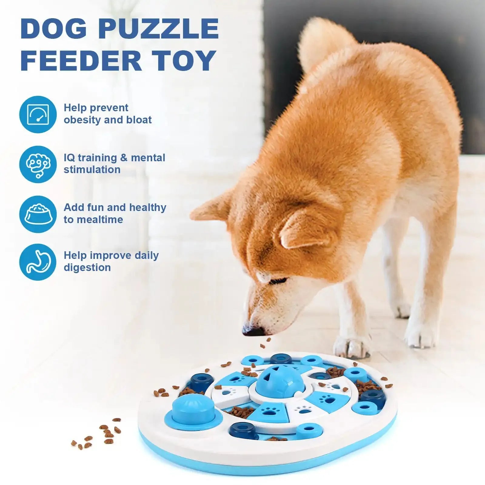 Dog puzzle toy with 24 hidden food compartments and spherical bells in blue colour option