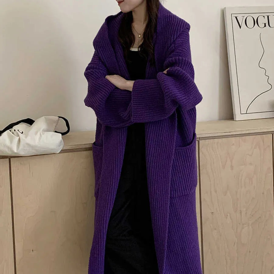 Women's loose-fitting hooded cardigan coat in acrylic fibre, shown in a neutral colour.