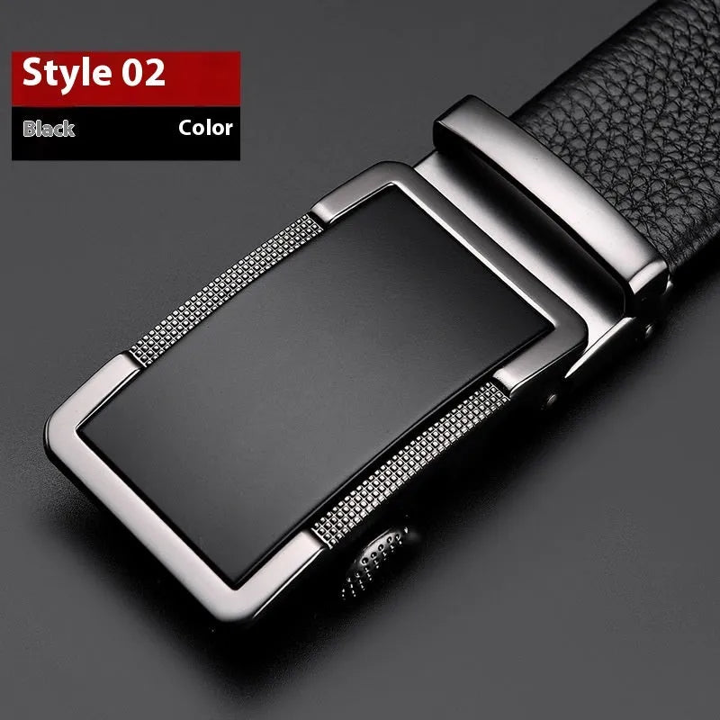 Men's leather belt with automatic comfort click buckle in gun black, silver, or gold finish