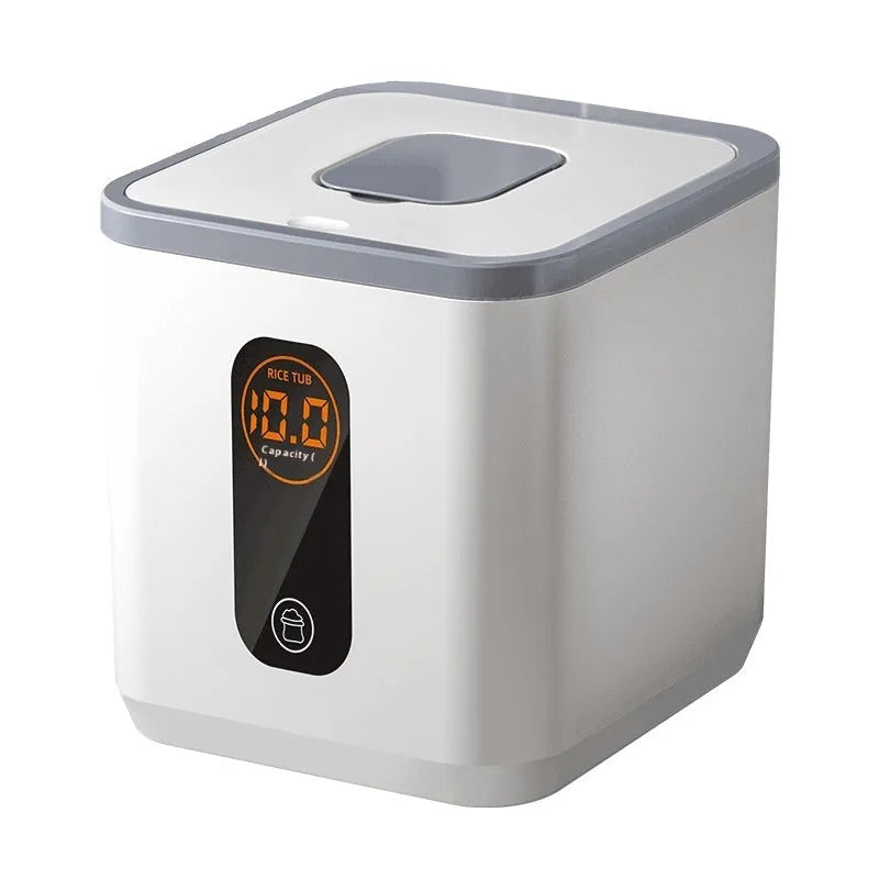 Grey plastic sealed rice storage jar with a lid and a measuring cup, shown in different capacity sizes.