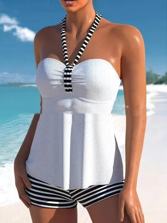 Women's off-shoulder black and white striped swimsuit with brief style design