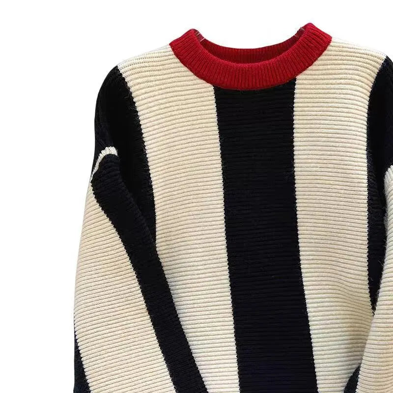 Women's striped cashmere sweater with contrast colour round neck pullover