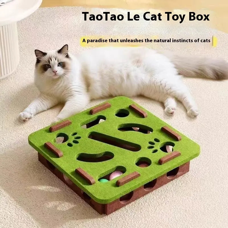 Green brown felt cat toy box with a hole for interactive play, measuring 30 cm square.