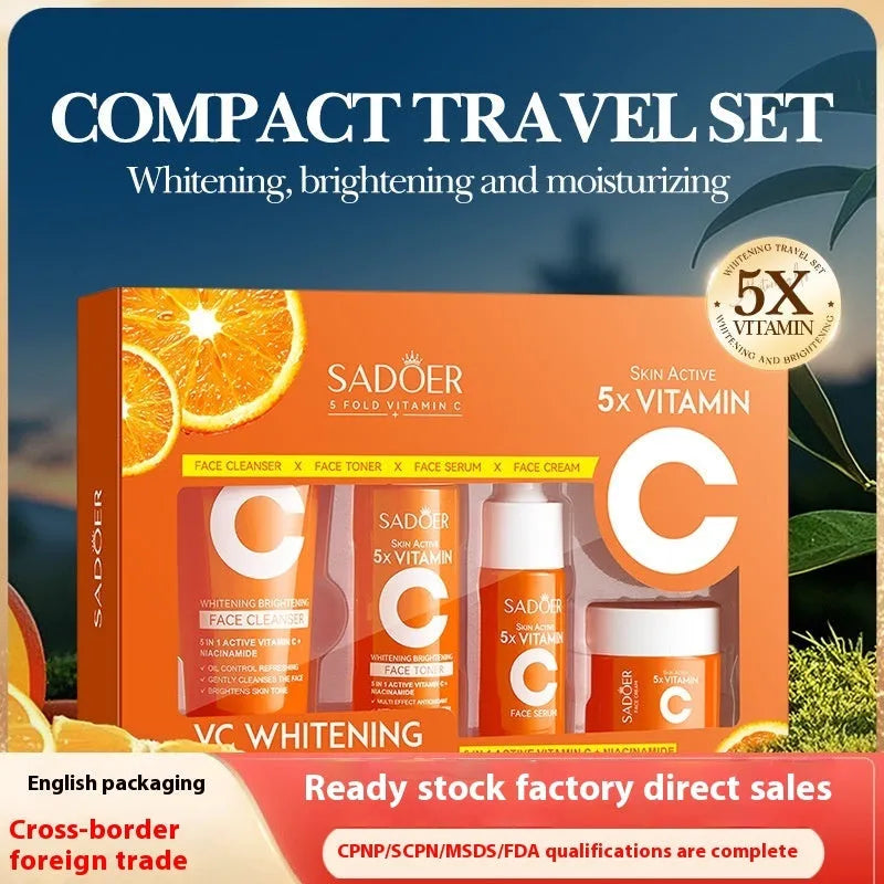 Five Vitamin C whitening travel bag with facial cleanser and moisturiser in a portable skincare set.