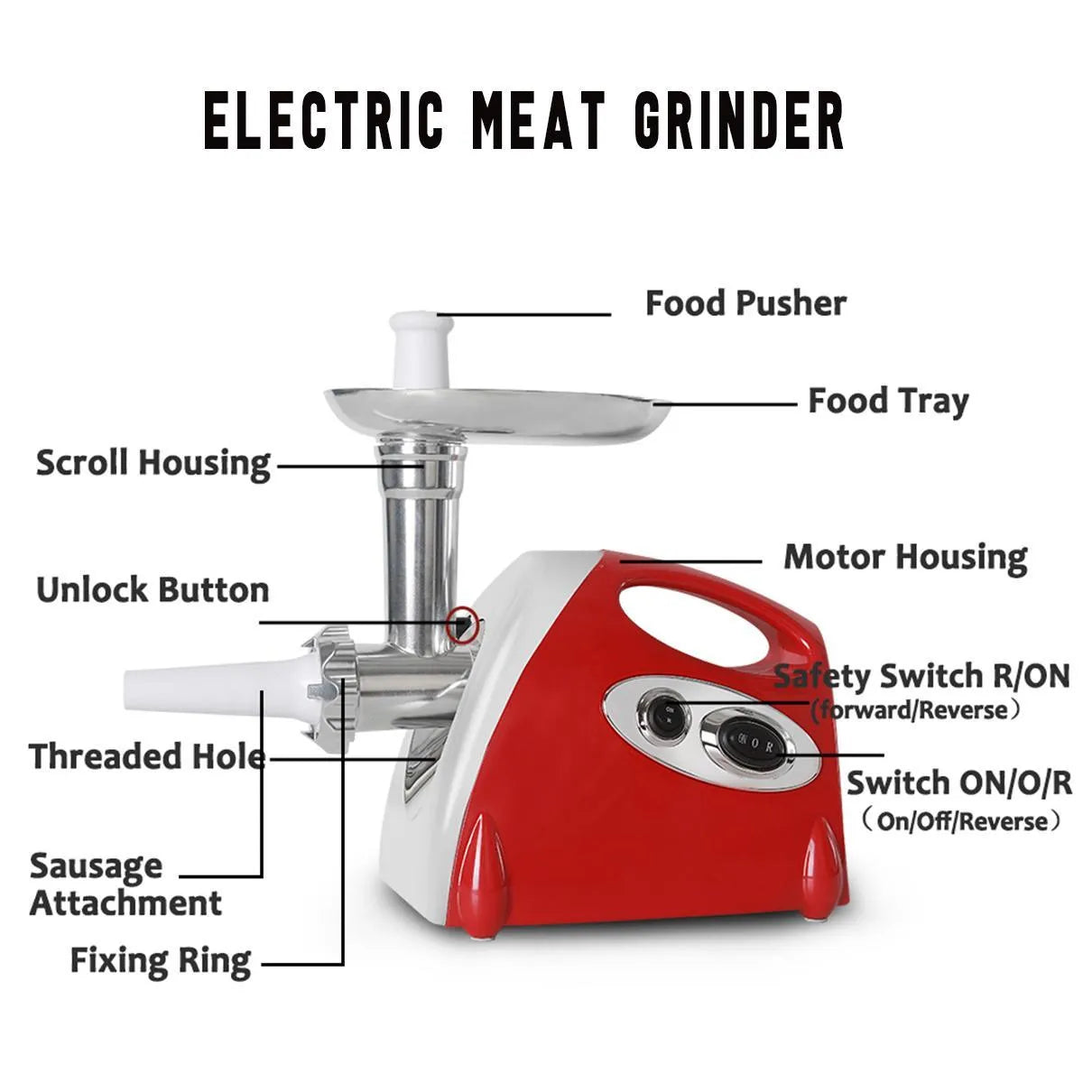 Red electric meat grinder with 800W motor and food grade aluminium alloy body on kitchen counter