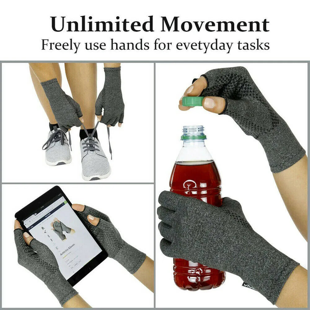 Grey half finger compression gloves with anti-slip grip on palm