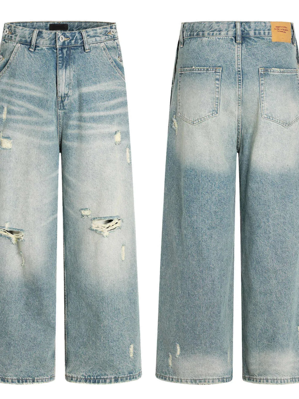 Water washed hole jeans in retro blue with loose straight leg and zip fly for women