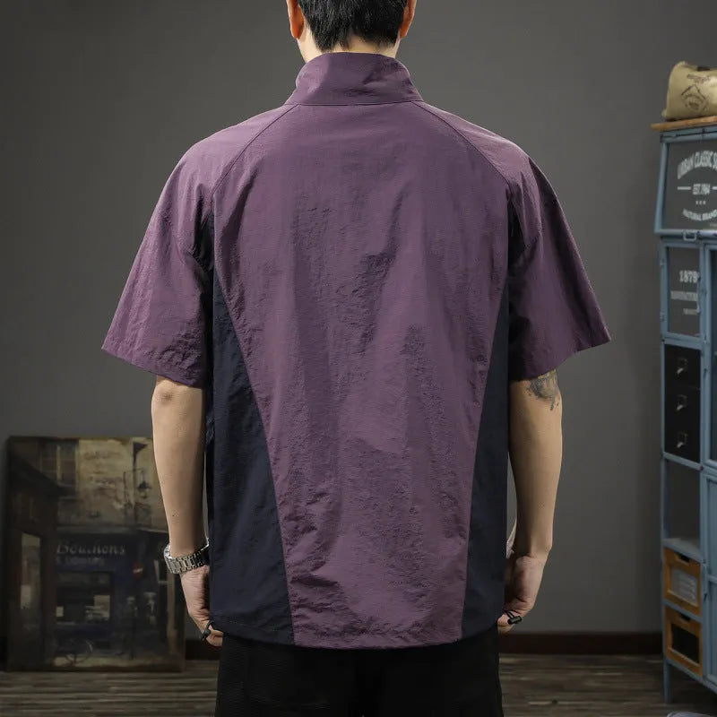 Men's brown ice silk half-zip business casual shirt with stand collar and short sleeves