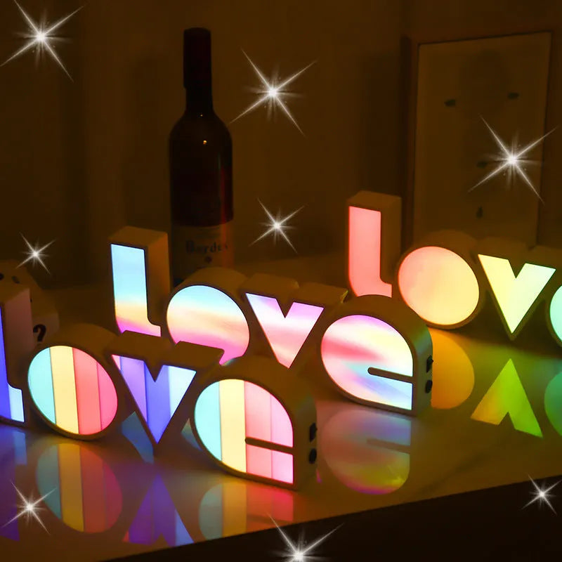 LED LOVE light with rainbow style lampshade measuring 35.5x13.5cm for decorative room and event lighting
