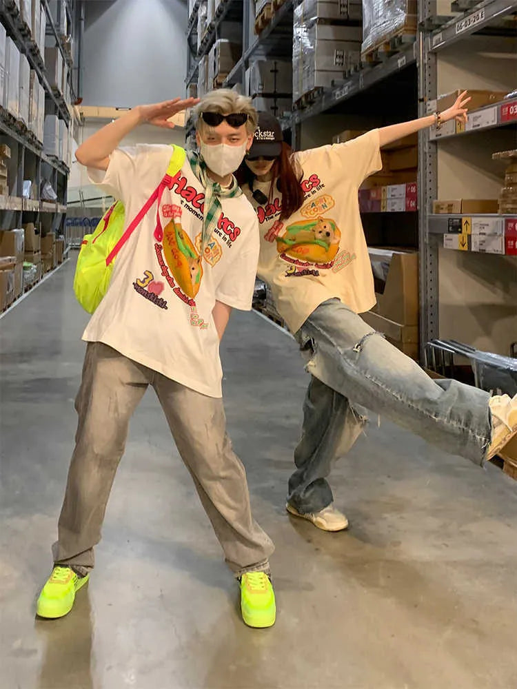 Cotton couple's t-shirt with cartoon hamburger dog print in short sleeve round neck style