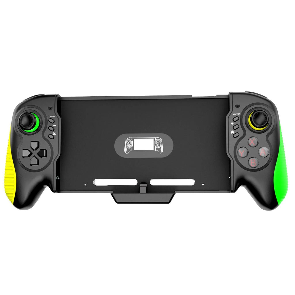 Yellow-green game controller with in-line handles for Nintendo Switch and PC, showing USB Type-C port.