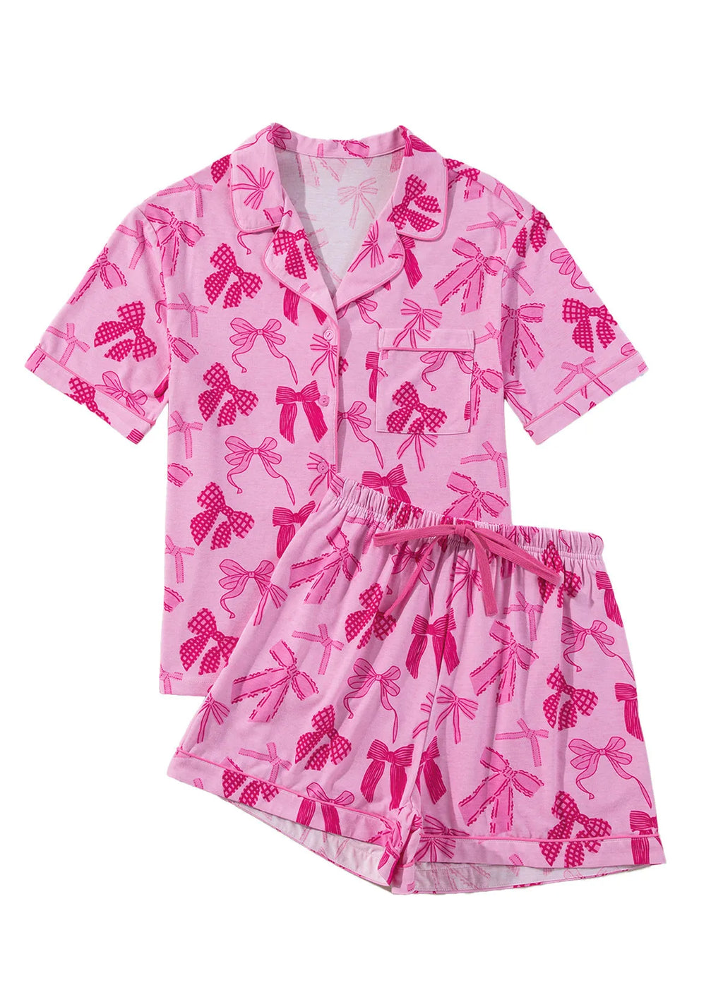 Pink women's pyjama set with bow print, featuring a top and trousers made from lightweight polyester.