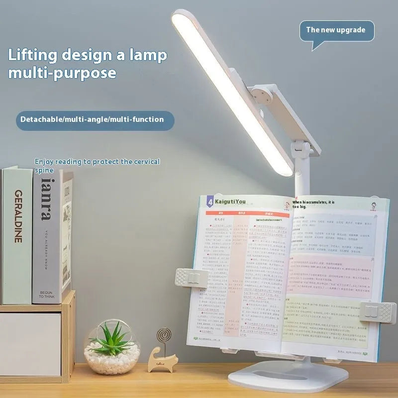 Multifunctional adjustable table lamp on a bookshelf showing three colour temperature settings and dual charging plug