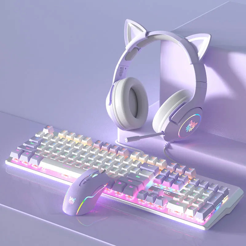 Purple and white wired mechanical keyboard and mouse set with backlight illumination