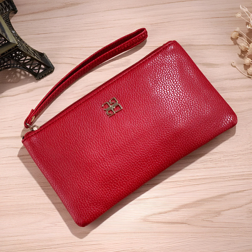 Long 55-inch PU leather wallet handbag with zipper closure in solid colour