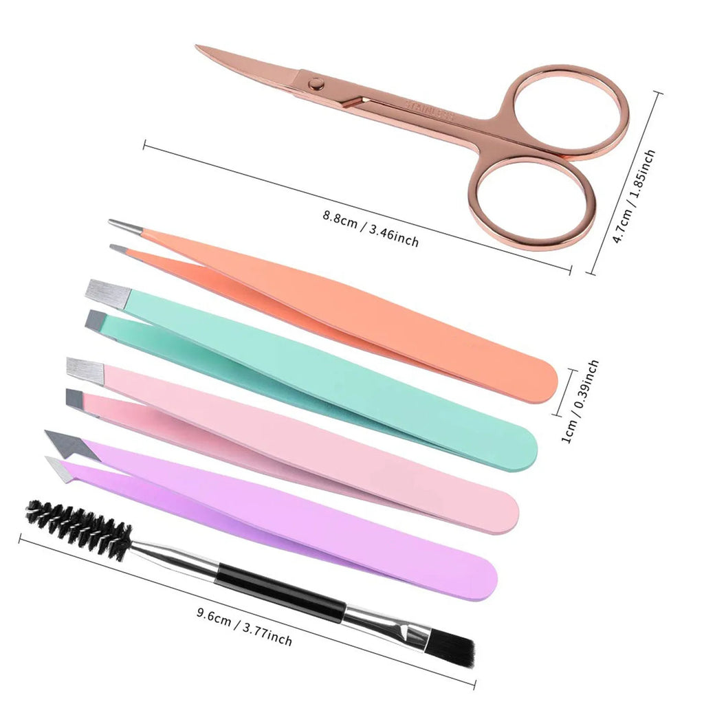 Six-piece stainless steel eyebrow tweezers set with curved scissors and leather case