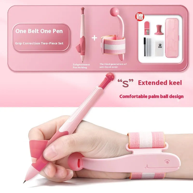Blue anti-hook wrist brace pen corrector for children's handwriting posture on a desk.