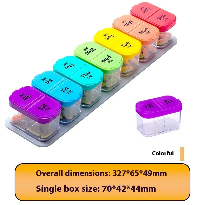 Amazon extra large portable pill dispenser with 14 removable compartments in white or rainbow colours