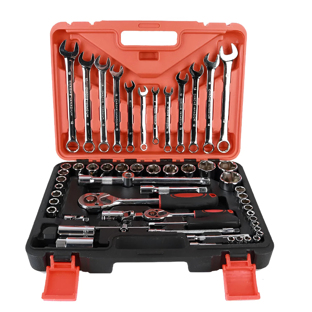 61-piece chrome vanadium steel socket wrench set with metric sockets, ratchets, and extensions on a tray.