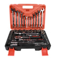 61-piece chrome vanadium steel socket wrench set with metric sockets, ratchets, and extensions on a tray.