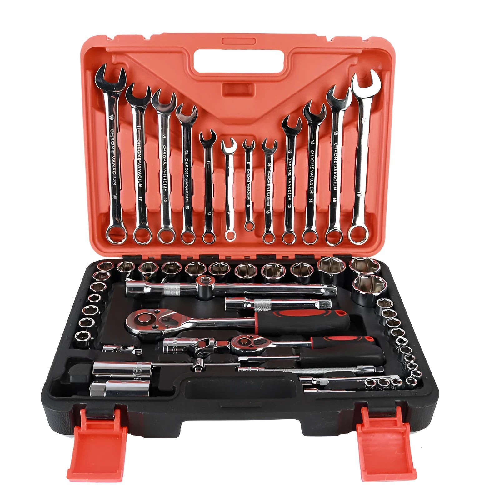 61-piece chrome vanadium steel socket wrench set with metric sockets, ratchets, and extensions on a tray.