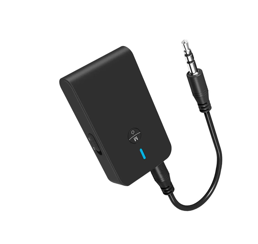 Black Bluetooth 5.0 audio adapter with 3.5mm AUX plug and external power cable.