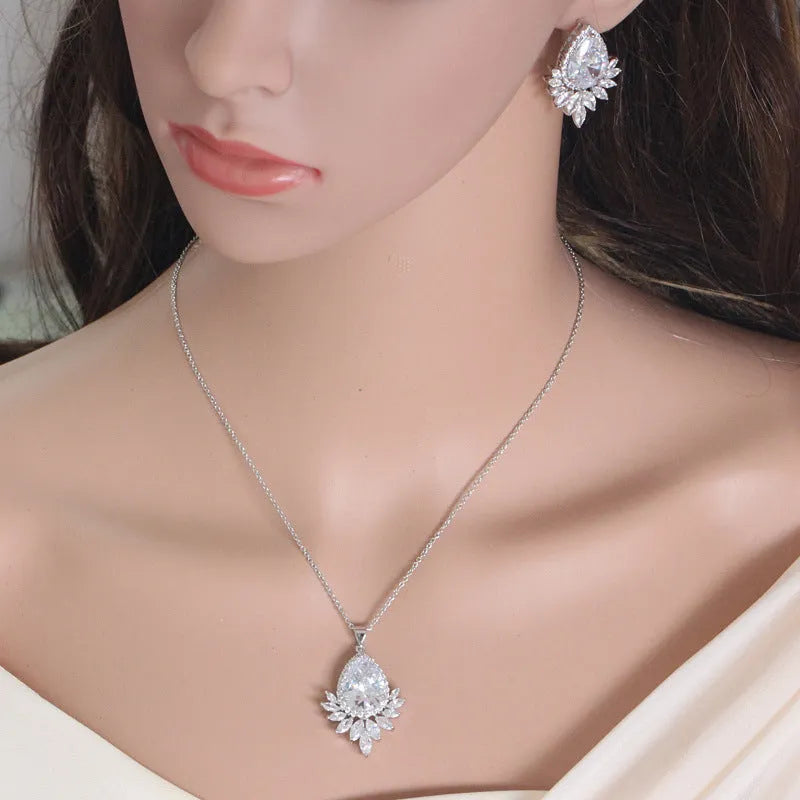 Formal jewellery set with necklace and matching earring chain in blue, red, or white for bridal banquets