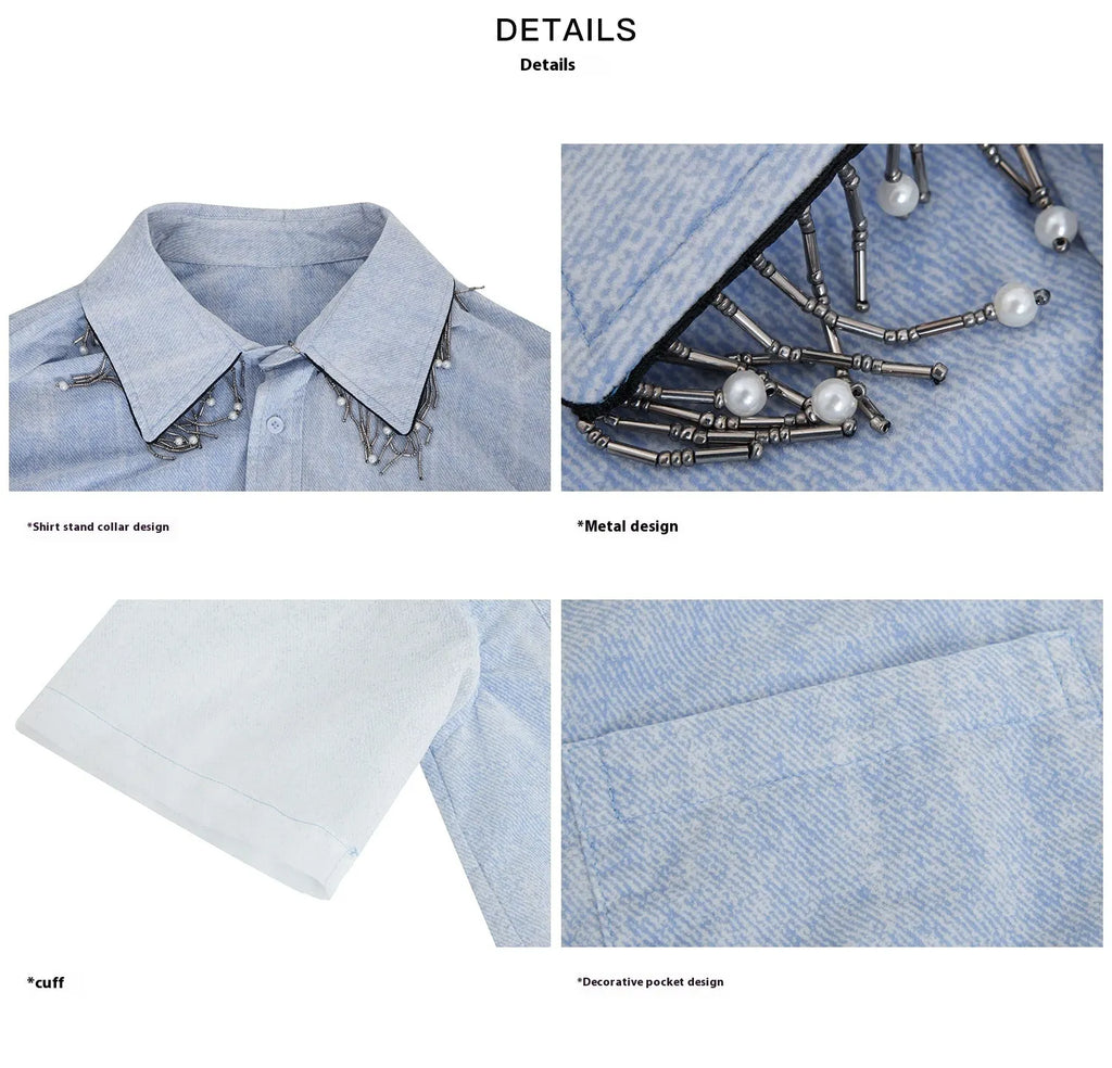 Men's blue and white gradient colour loose fit shirt with quilted pattern and short sleeves
