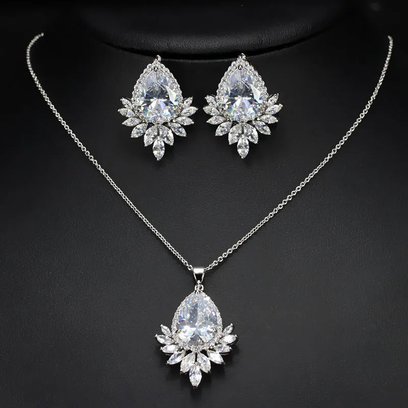 Formal jewellery set with necklace and matching earring chain in blue, red, or white for bridal banquets