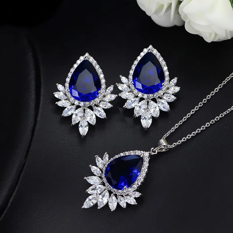 Formal jewellery set with necklace and matching earring chain in blue, red, or white for bridal banquets