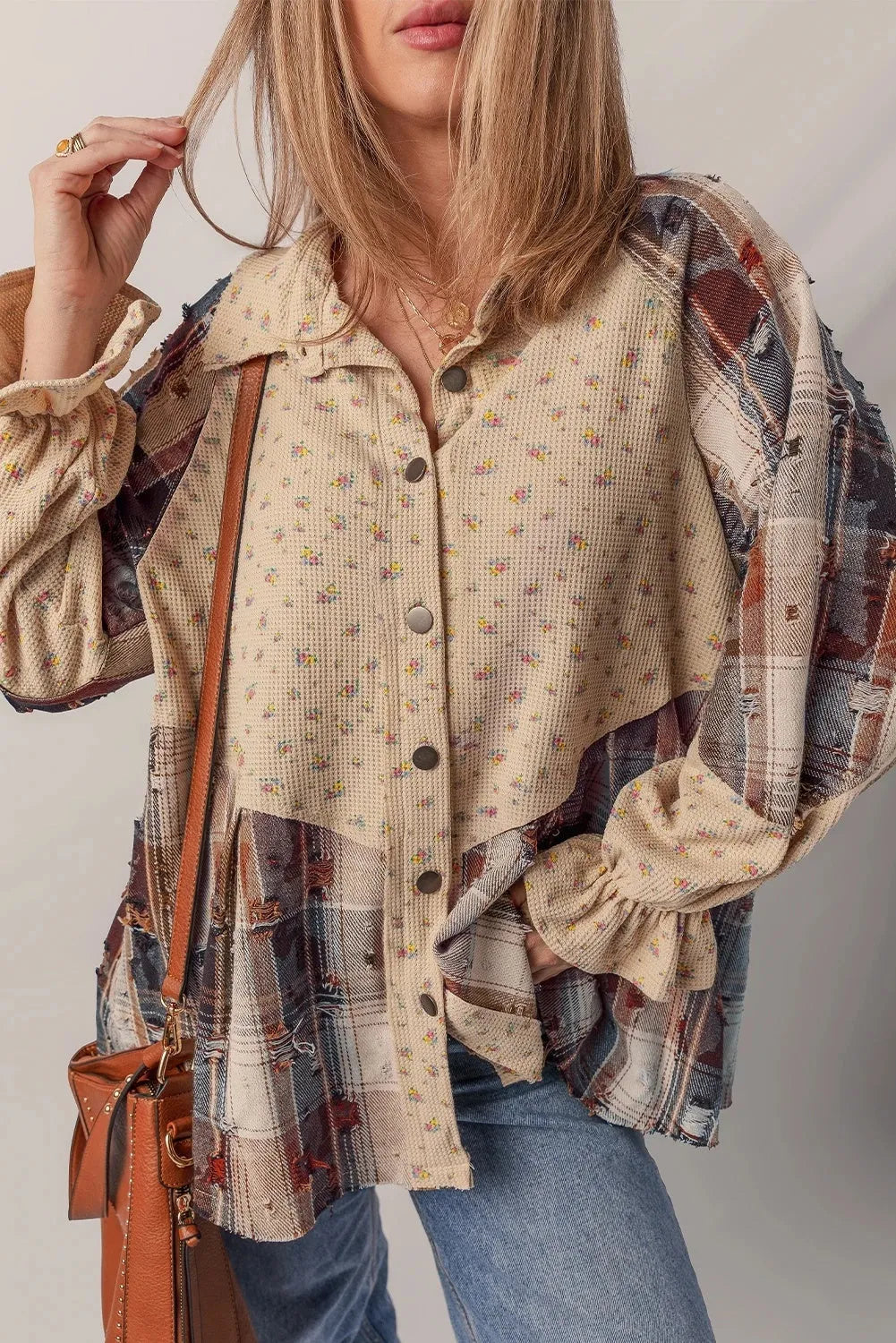Women's loose fit plaid shirt with ruffle sleeves and distressed detail in oatmeal colour