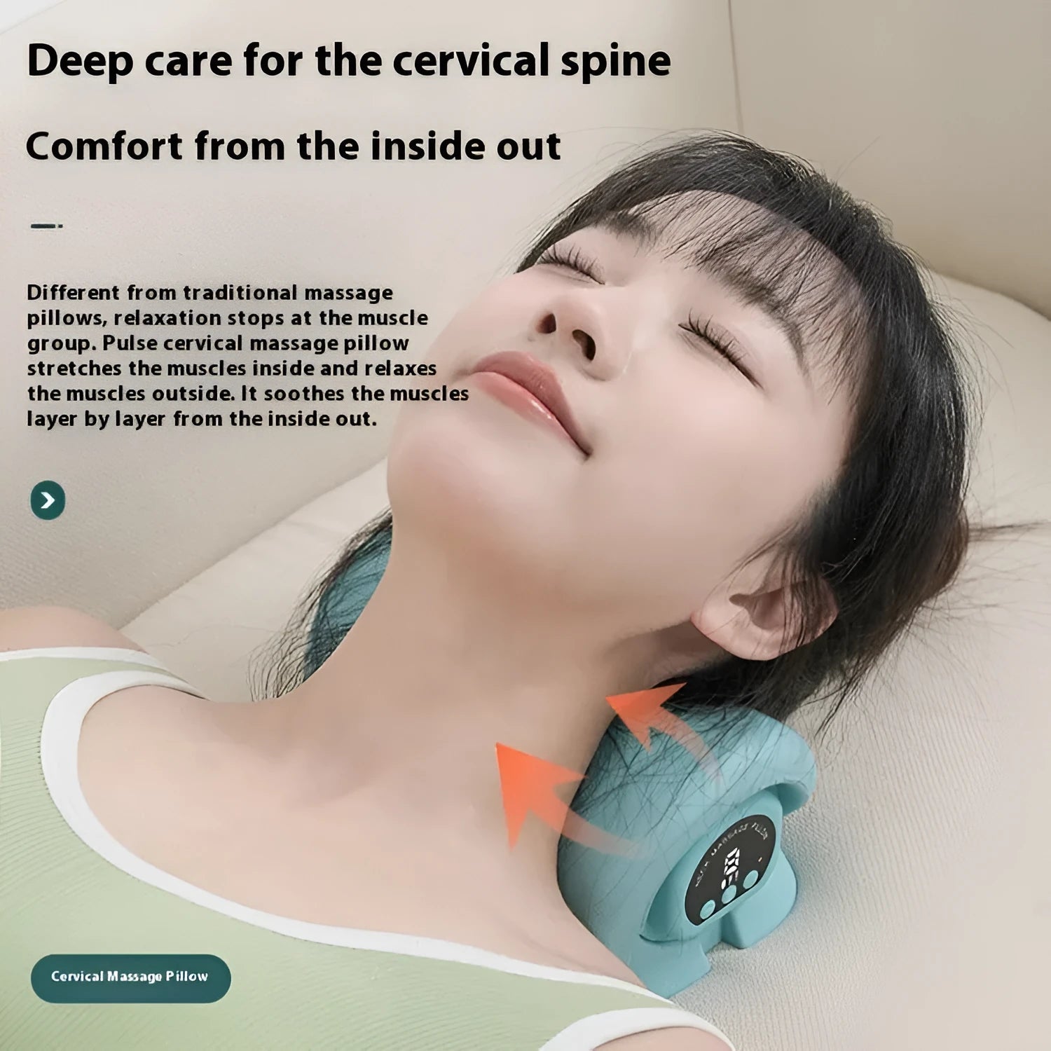 Blue-green cervical spine massage pillow showing compact 17cm design with EMS and hot compress functions