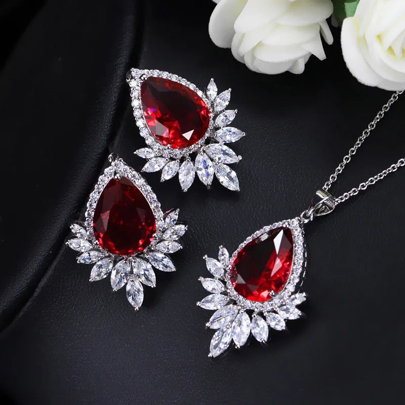 Formal jewellery set with necklace and matching earring chain in blue, red, or white for bridal banquets