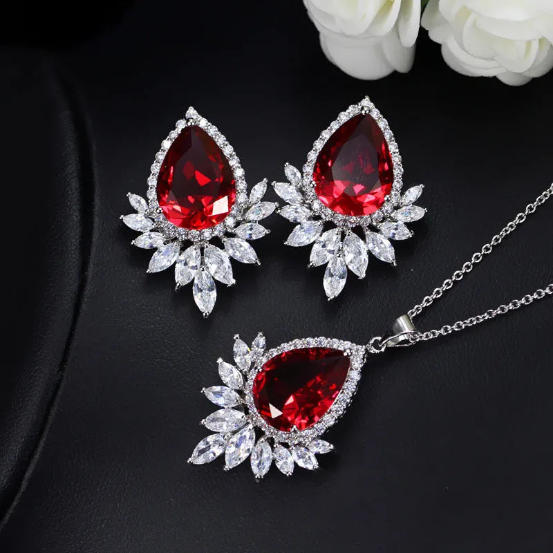 Formal jewellery set with necklace and matching earring chain in blue, red, or white for bridal banquets