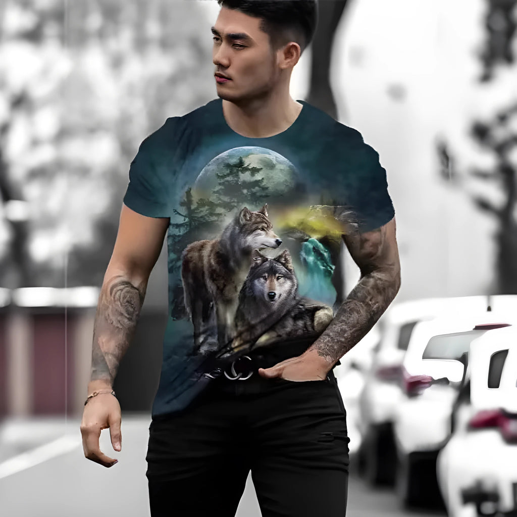 Men's grey T-shirt with a retro-style 3D lion graphic print on the front