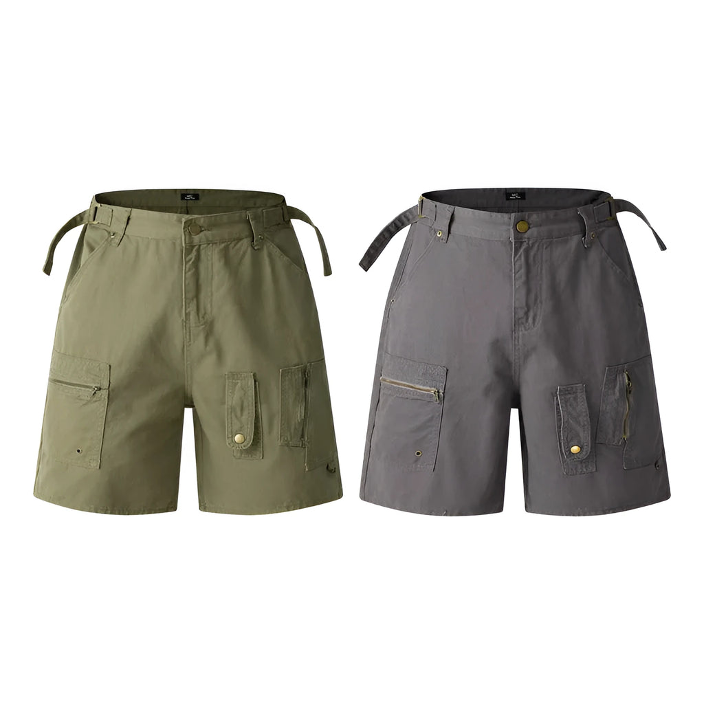 Retro style loose fit workwear shorts in washed cotton cloth, shown in grey, green, camouflage and blue colour options.