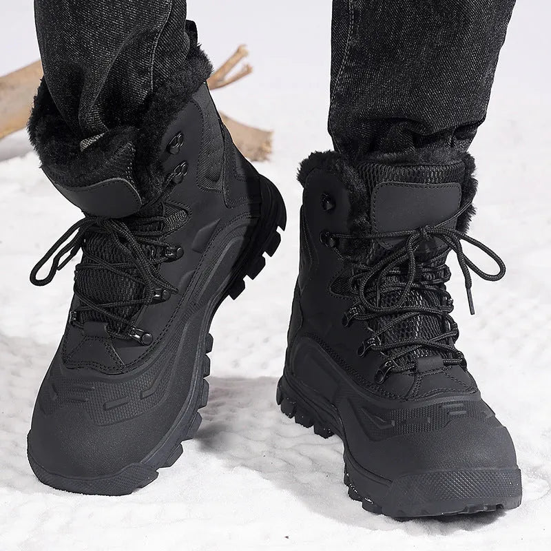 Men's black high-top lace-up boots with fleece lining, shown on a size chart