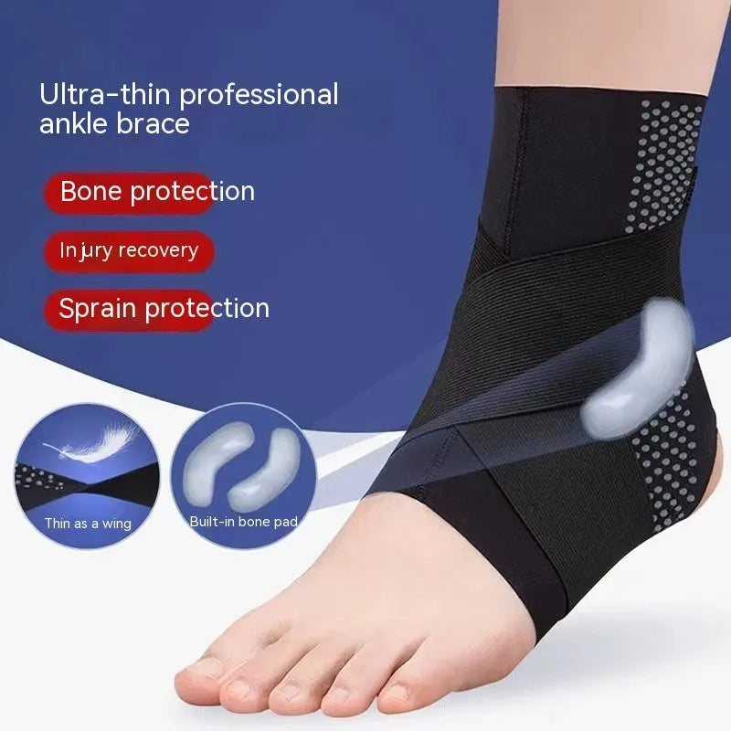 Fixed Lycra fabric ankle support with anti-kick design in black, shown on an ankle.