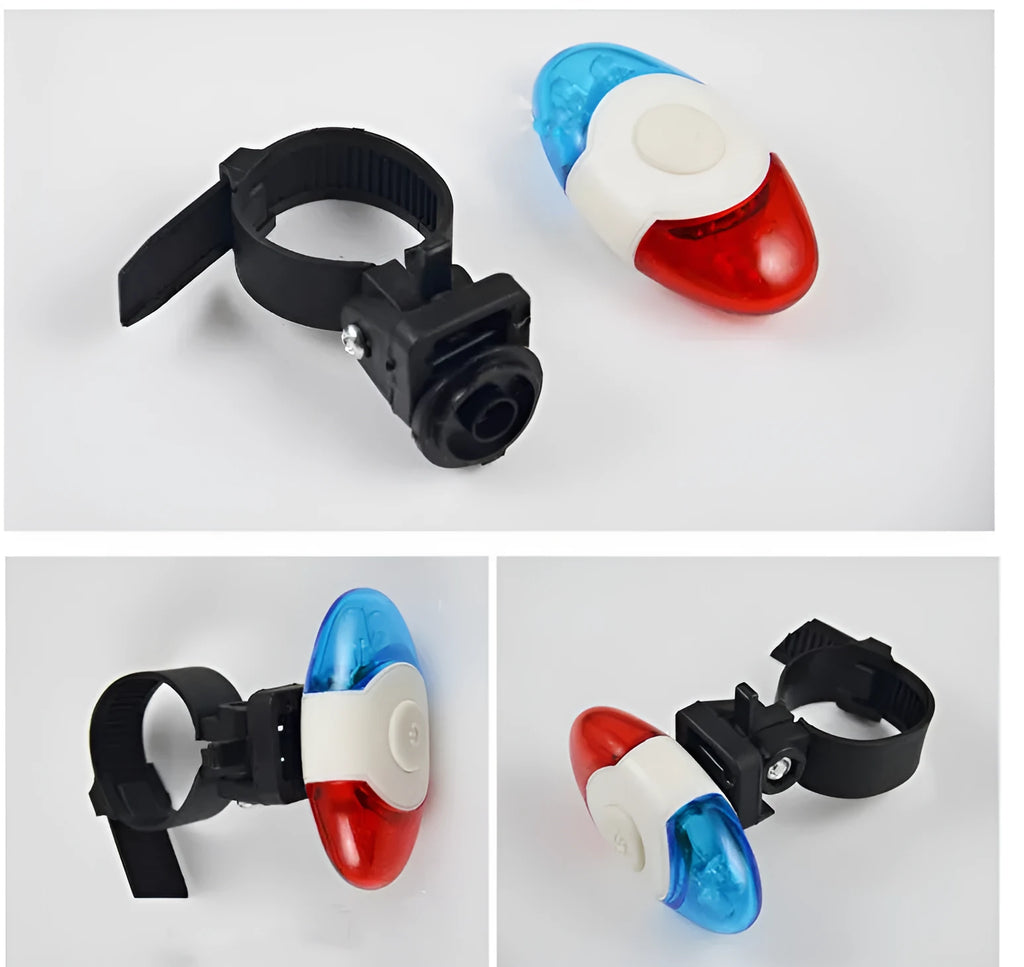 Red and blue LED bicycle tail light with adjustable mounting base.