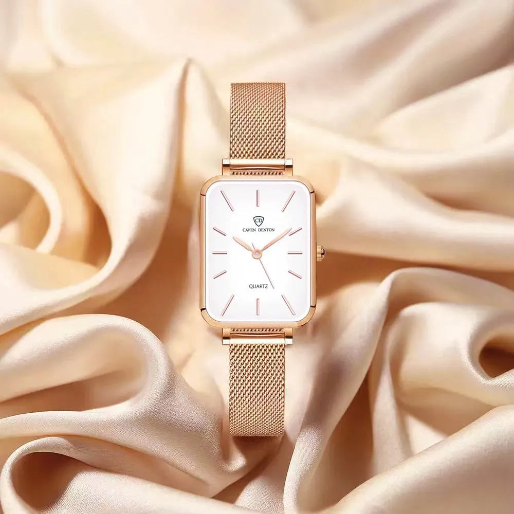 Women's rose gold or silver waterproof quartz watch with alloy case and woven steel strap.