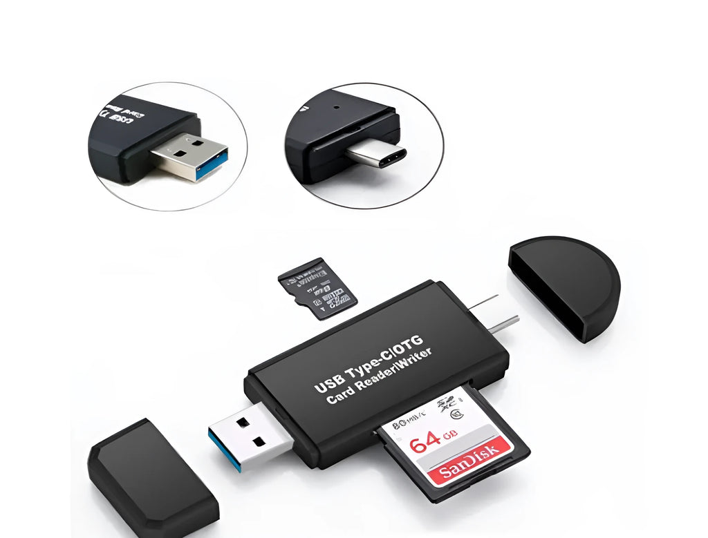 Black USB 3.0 memory card reader for SD and TF cards with a Type-C connector