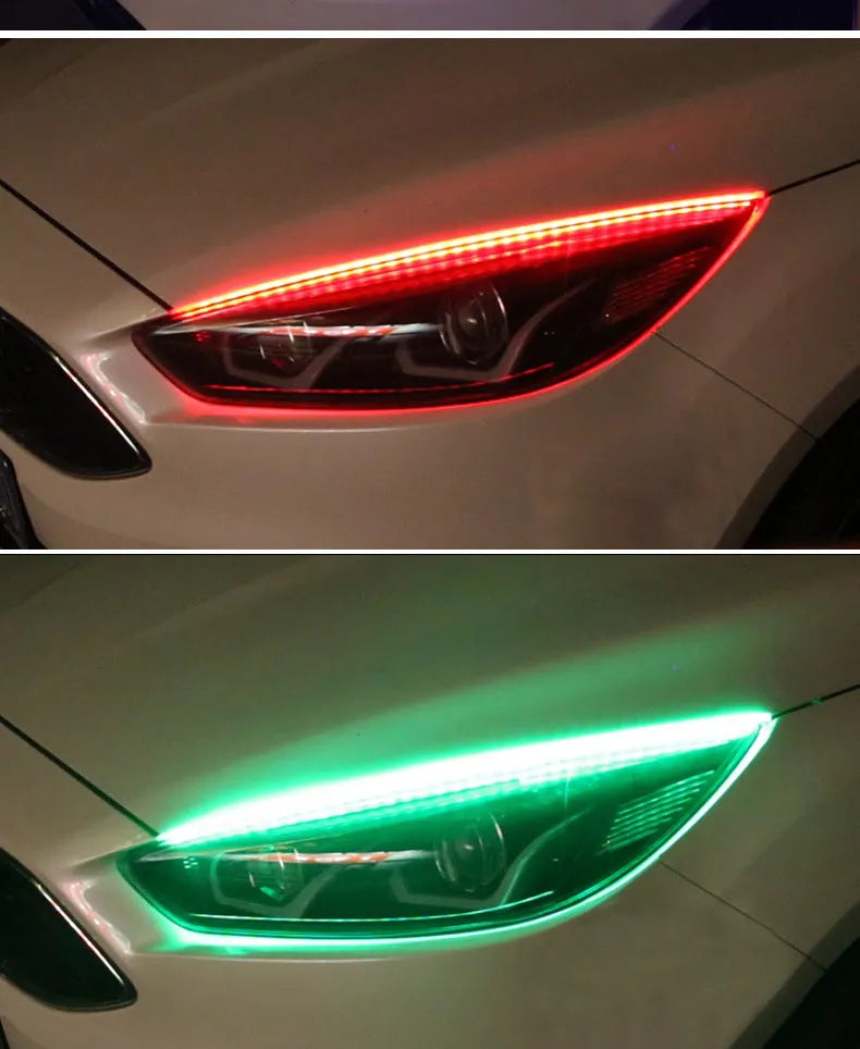 A universal RGB LED daytime running light strip for cars with a remote control, shown in three size options.