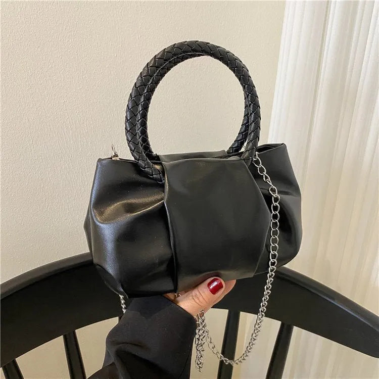 Portable cloud underarm pleated tote chain crossbody bag in small horizontal square PU leather design