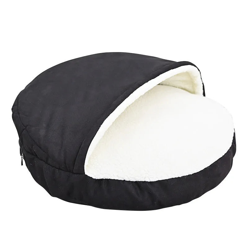Brown and grey removable cloth dog kennel showing S and M size options for indoor pet use