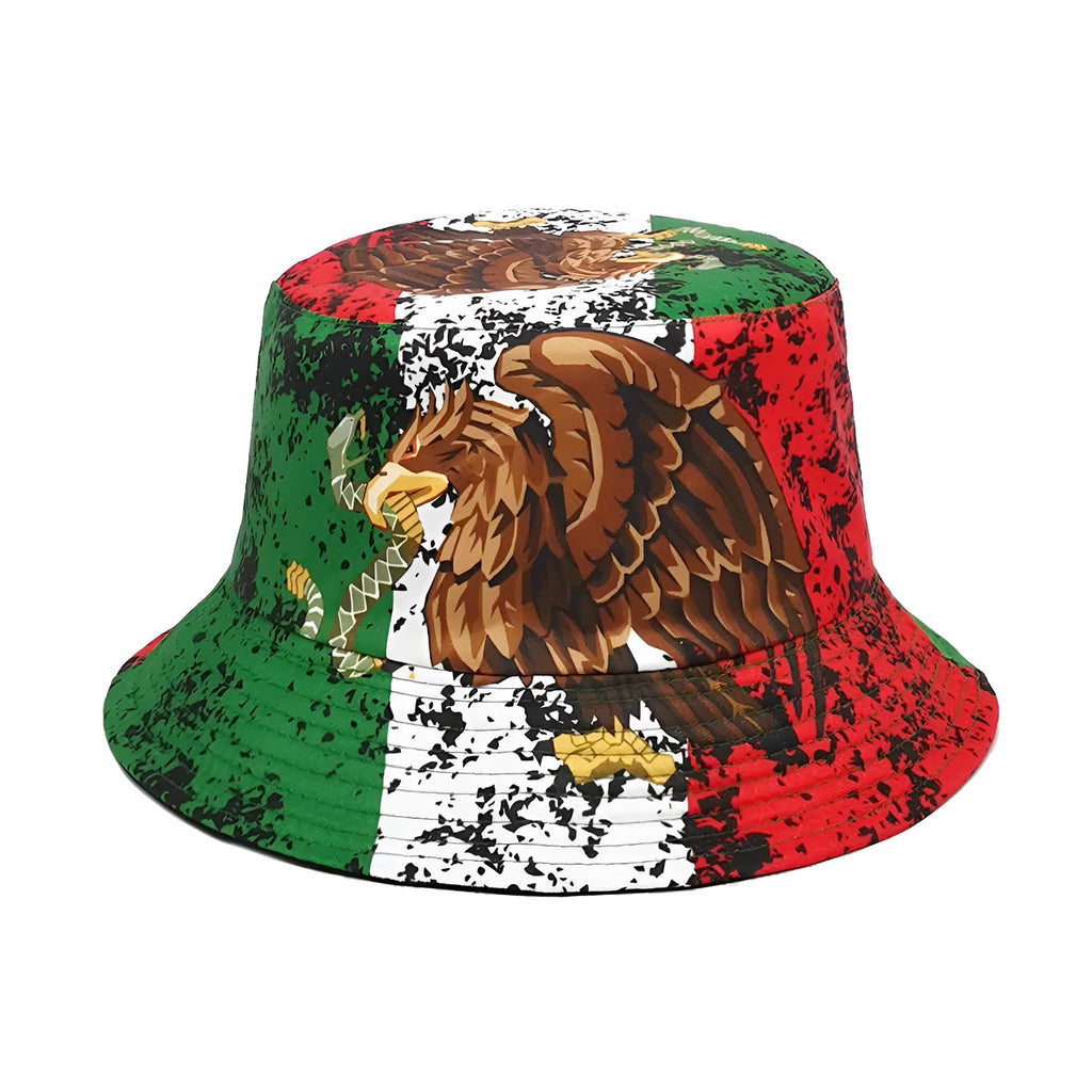 Retro-style bucket hat with an eagle pattern in polyester, showing dome crown.