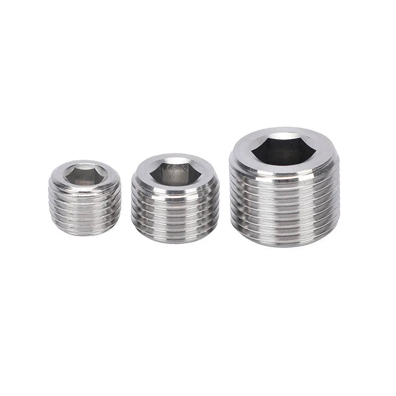 A single stainless steel pipe plug with a hexagonal head, shown against a white background.