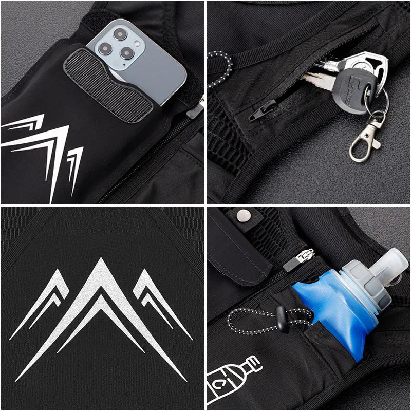 A classic black breathable mesh running vest with a front pocket designed to hold a mobile phone up to 7.5 inches.