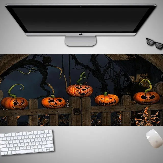 Halloween-themed oversized mouse pad showing rubber cloth texture and non-slip base