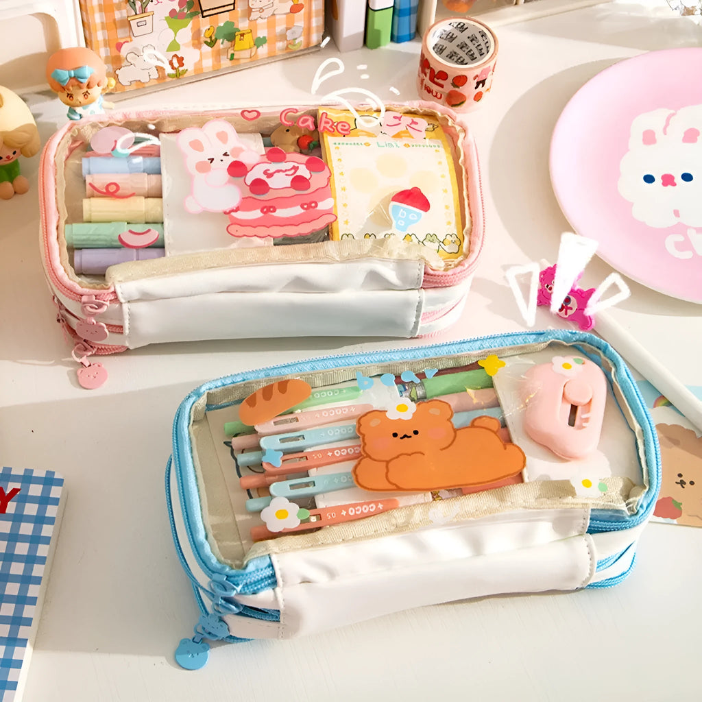 Transparent heart-themed pen case in pink cake rabbit or red love rabbit colour, showing Korean style design
